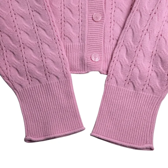 NWT LoveShackFancy Leota Wool Cashmere‎ Cardigan Pink Cable Knit Bow Sweater XL